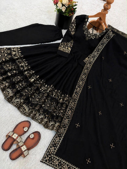 Black Anarkali three piece set with embroidered dupatta and bottom flat lay
