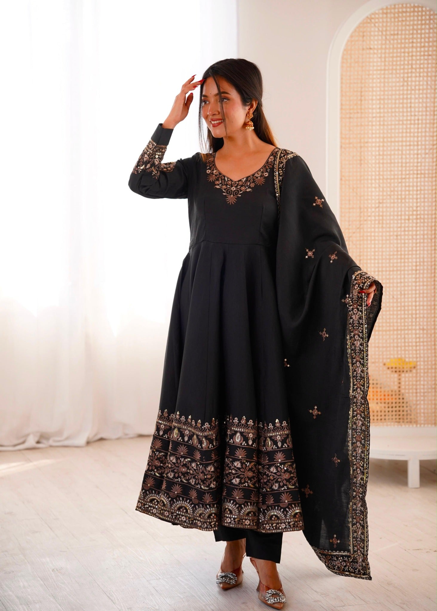 Black Roman Silk embroidered sequin Anarkali three piece set model image