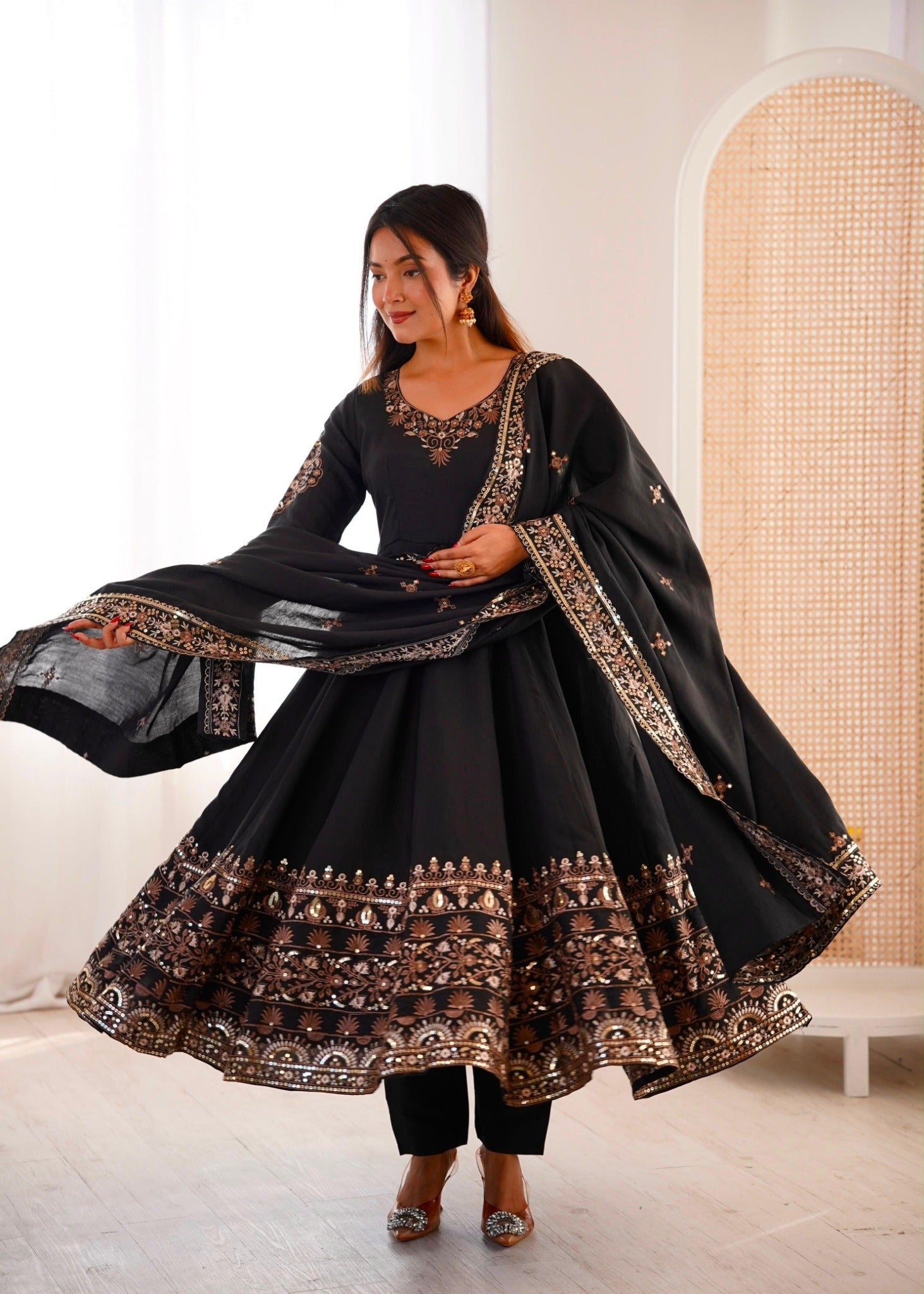Black embroidered Anarkali gown with matching dupatta lifestyle image