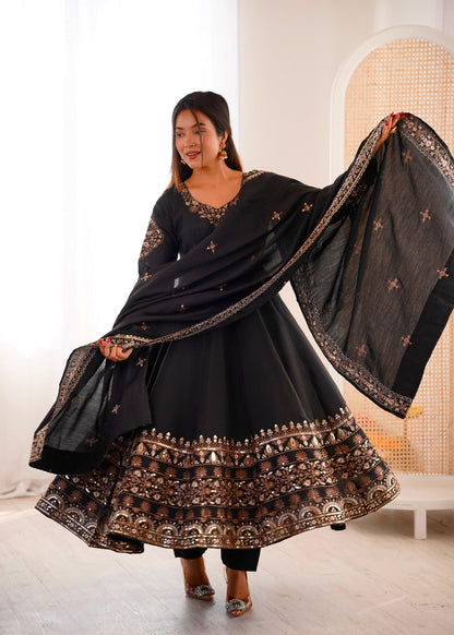 Black designer Anarkali with embroidered border and dupatta model photo
