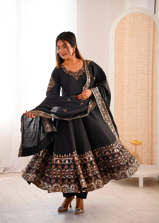 Black Roman Silk Anarkali three piece set with sequin embroidery