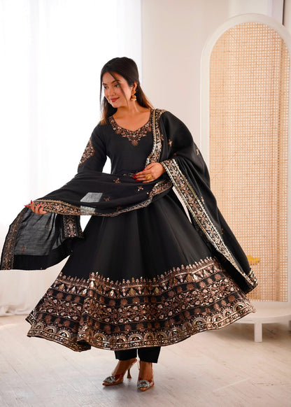 Black embroidered sequin Anarkali gown with flared hem and dupatta