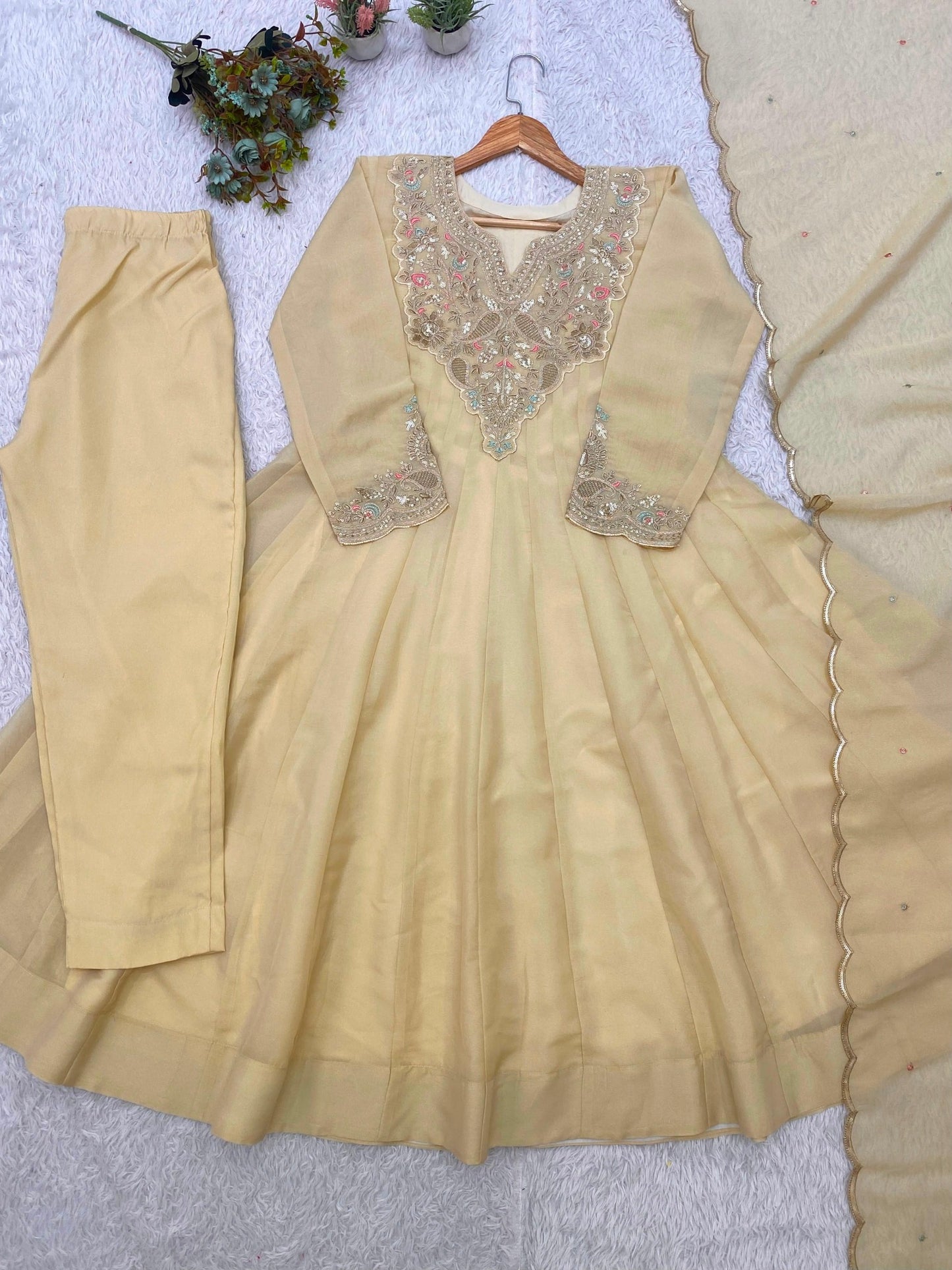 Beige Coss Moss gown pant dupatta flat lay
