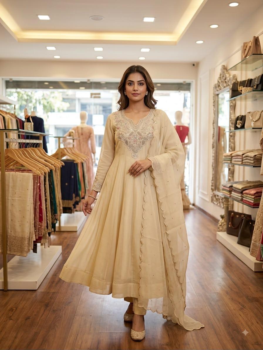 Beige Coss Moss festival gown with cording and sequin embroidery lifestyle image