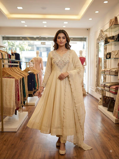 Beige Cording & Sequin Embroidered Festival Gown Pant Dupatta Set
