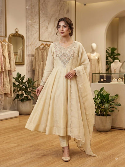 Beige embroidered gown pant dupatta set lifestyle photo