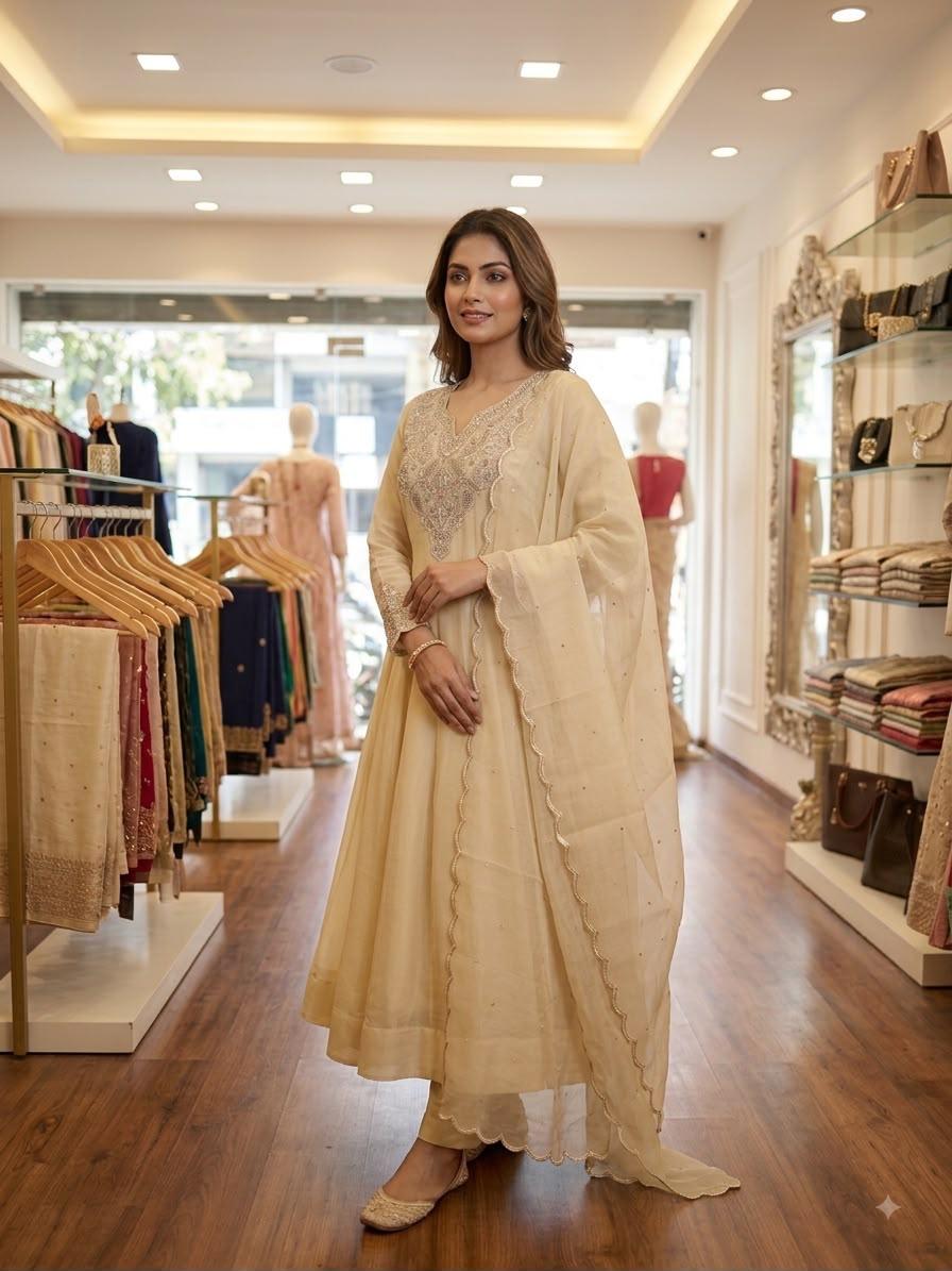 Beige festival wear gown pant dupatta set in boutique lifestyle setting