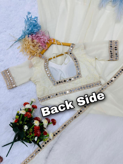 Back design of off white Chikankari mirror work Anarkali gown