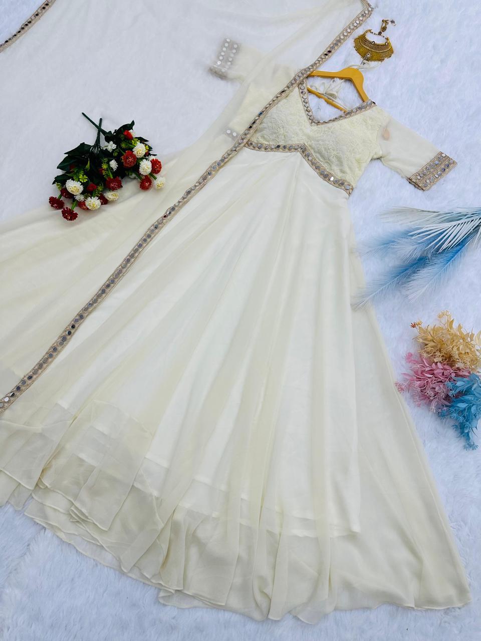 Off white Chikankari and real mirror work Anarkali gown detail
