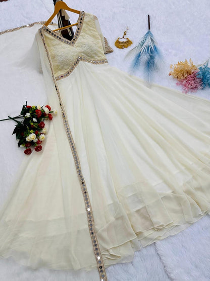 Off white 8 meter flair Anarkali gown with faux georgette dupatta