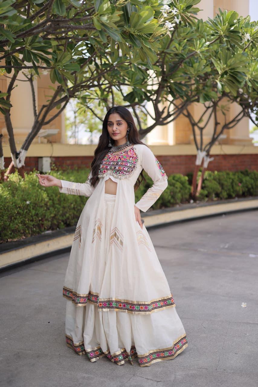 White Kora Cotton Navratri lehenga set with Gamthi embroidery and mirror work