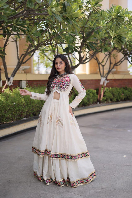 White Kora Cotton Navratri lehenga set with Gamthi embroidery and mirror work