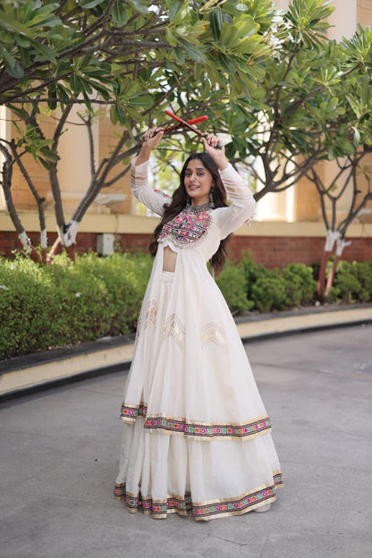 White Kora Cotton Navratri lehenga choli festive modeling shot