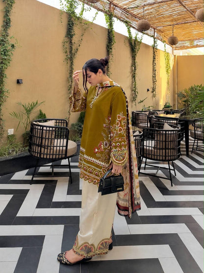 Mustard yellow Roman Silk embroidered kurti palazzo dupatta set
