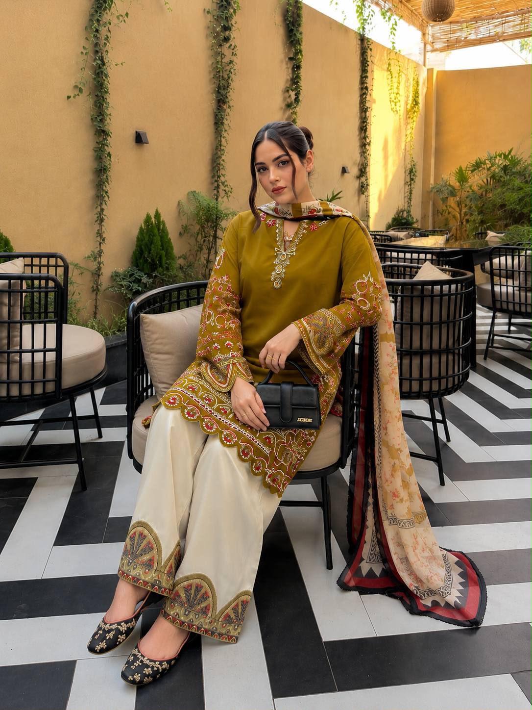 Mustard yellow embroidered Roman Silk kurti set lifestyle view