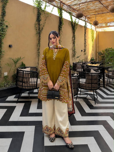 Mustard Yellow Roman Silk Embroidered Kurti Palazzo Set with Printed Dupatta
