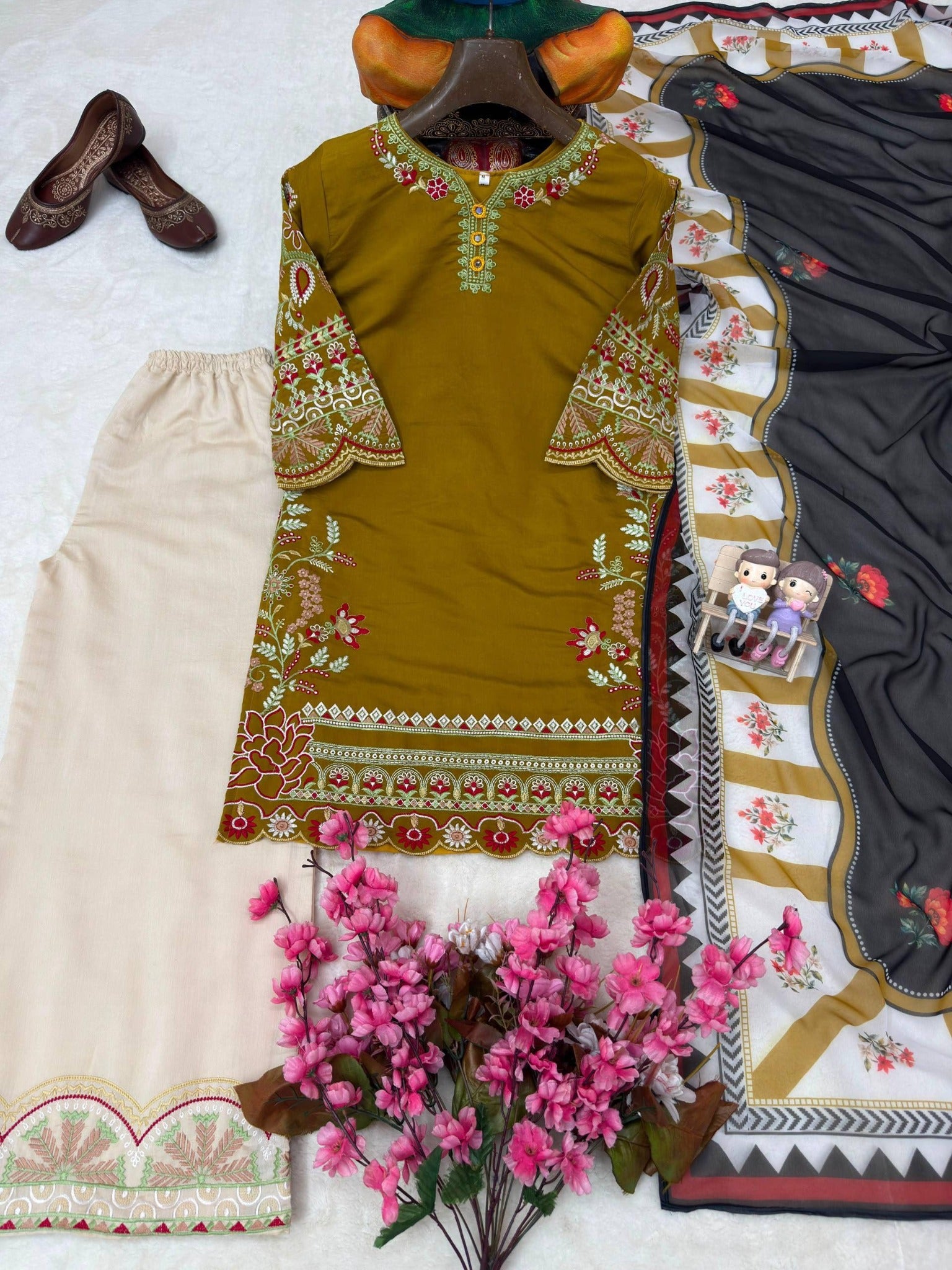 Mustard yellow embroidered kurti palazzo dupatta product flat lay