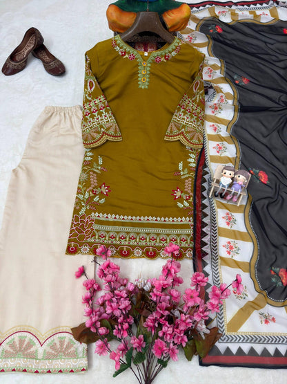 Mustard yellow embroidered kurti palazzo dupatta product flat lay