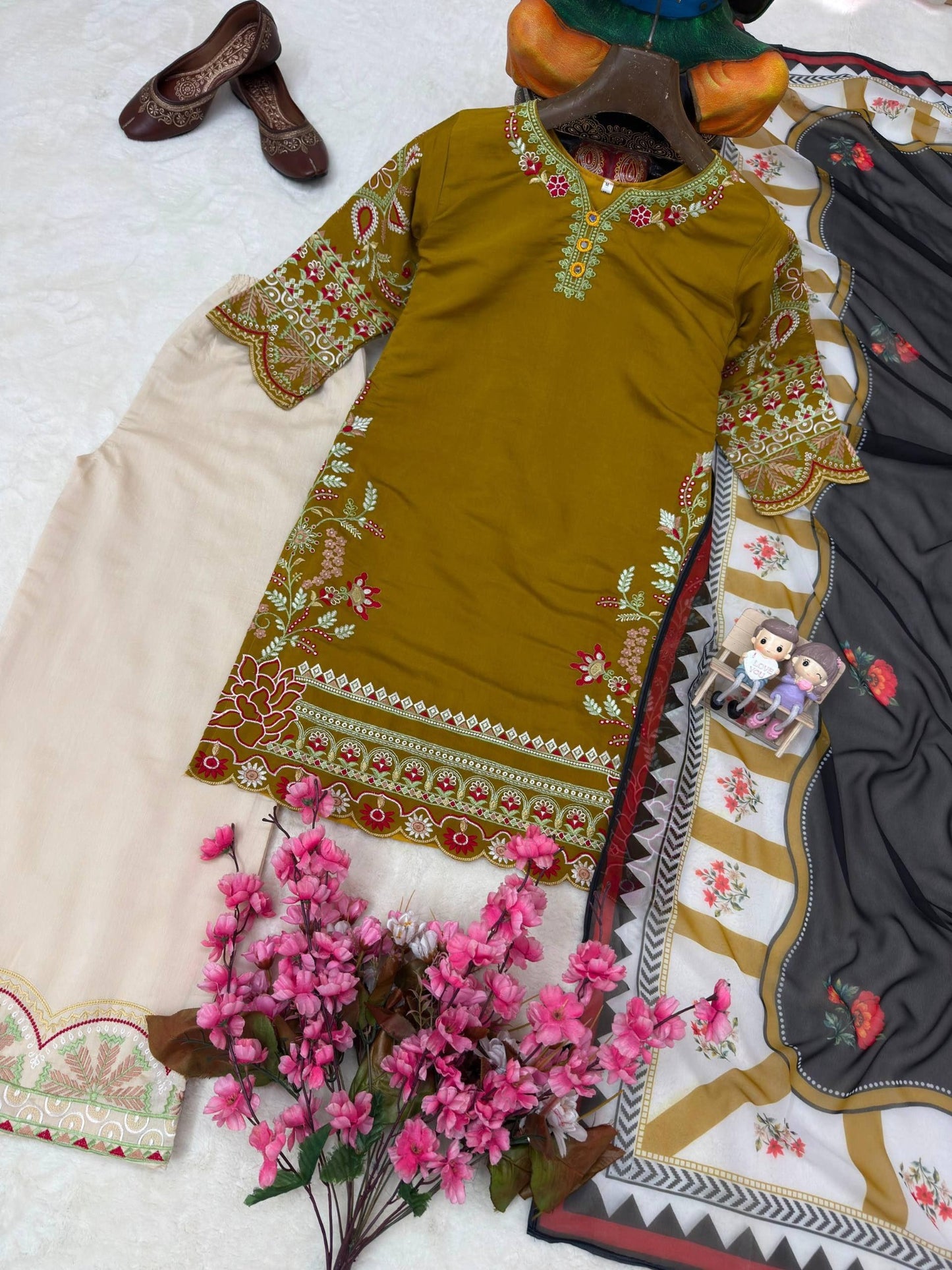 Mustard yellow Roman Silk kurti with cream palazzo and printed dupatta