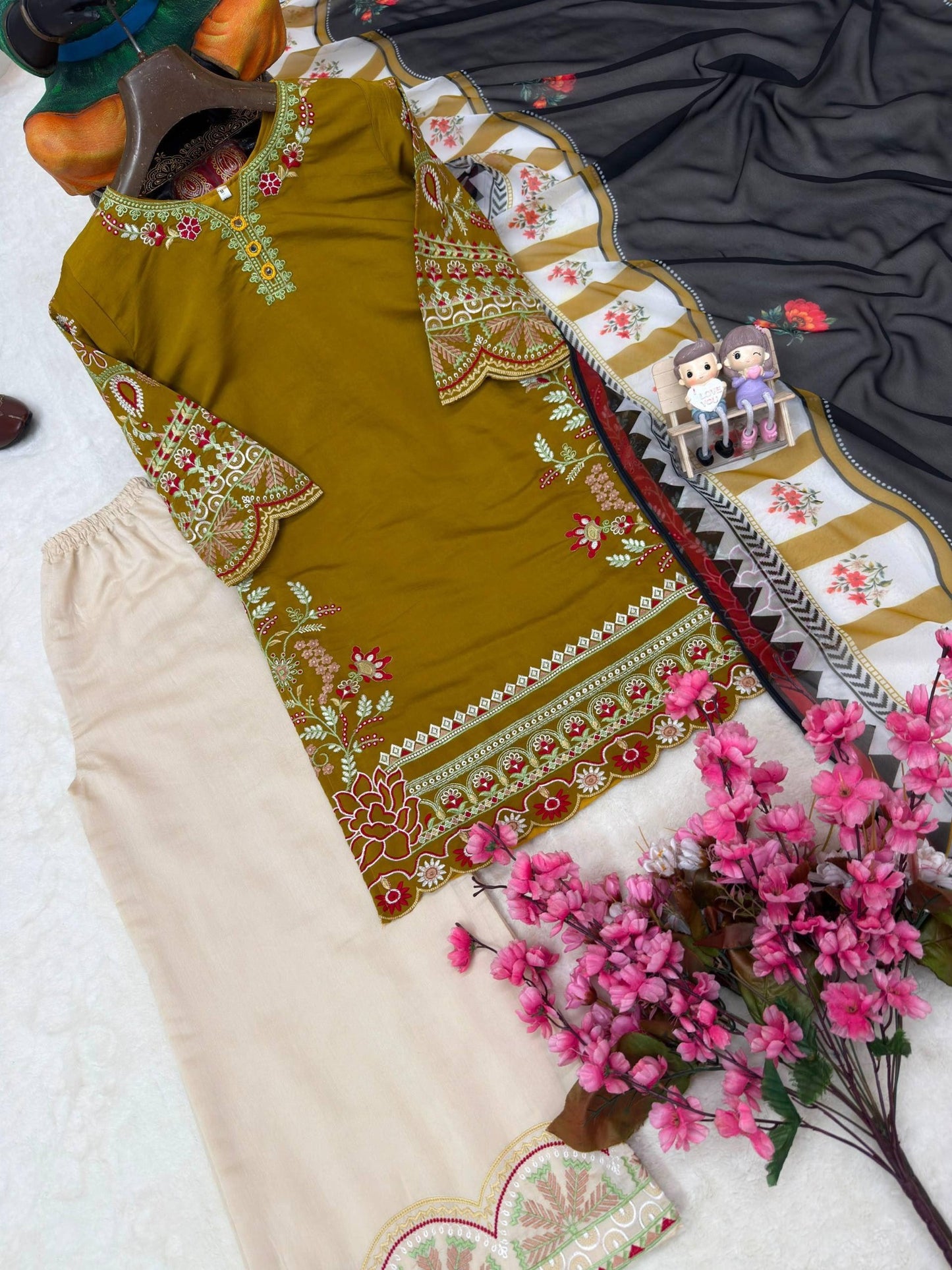 Mustard yellow embroidered Roman Silk kurti detail with printed dupatta