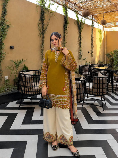 Mustard yellow Roman Silk embroidered kurti palazzo set front view