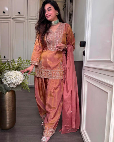 Dusty Rose Ronald Silk Embroidered Palazzo Suit Set with Dupatta