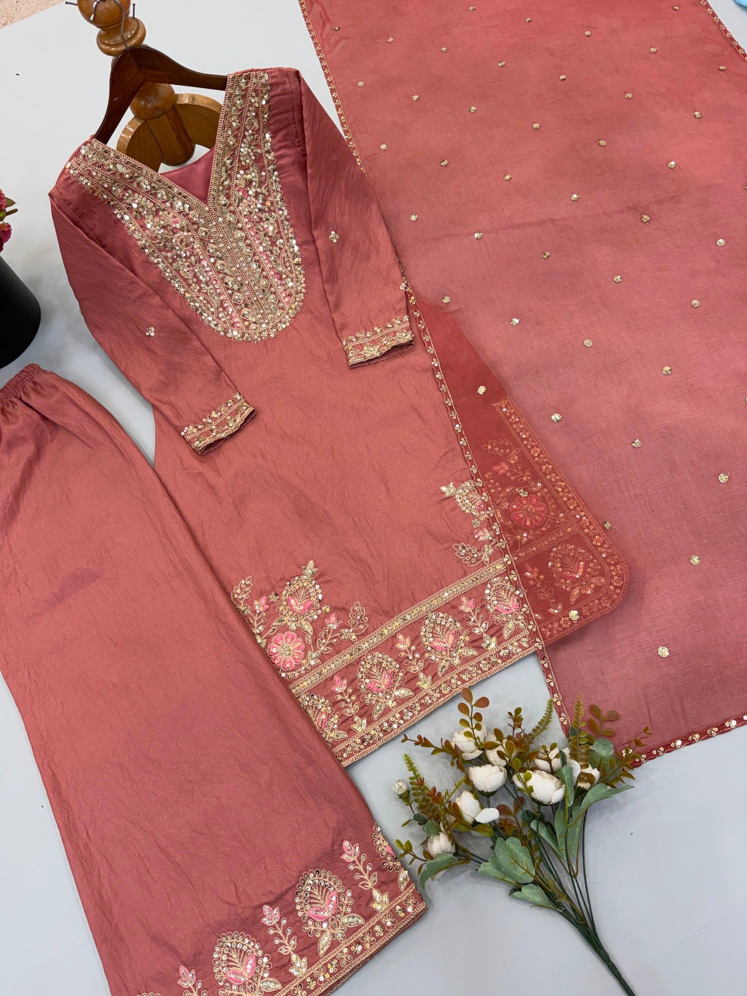 Ronald Silk embroidered top palazzo and Soft Nazmin dupatta flat lay
