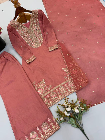 Ronald Silk embroidered top palazzo and Soft Nazmin dupatta flat lay