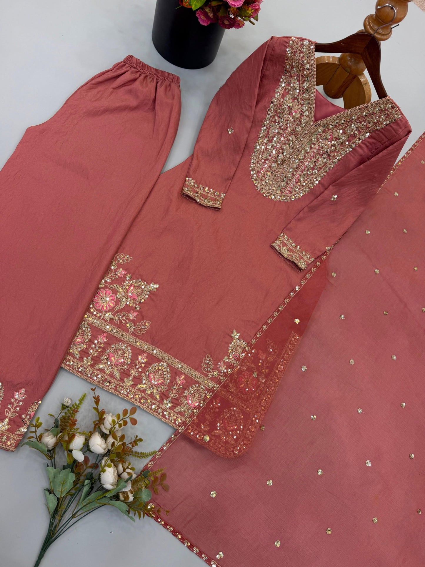 Ronald Silk dusty rose designer set product flat lay