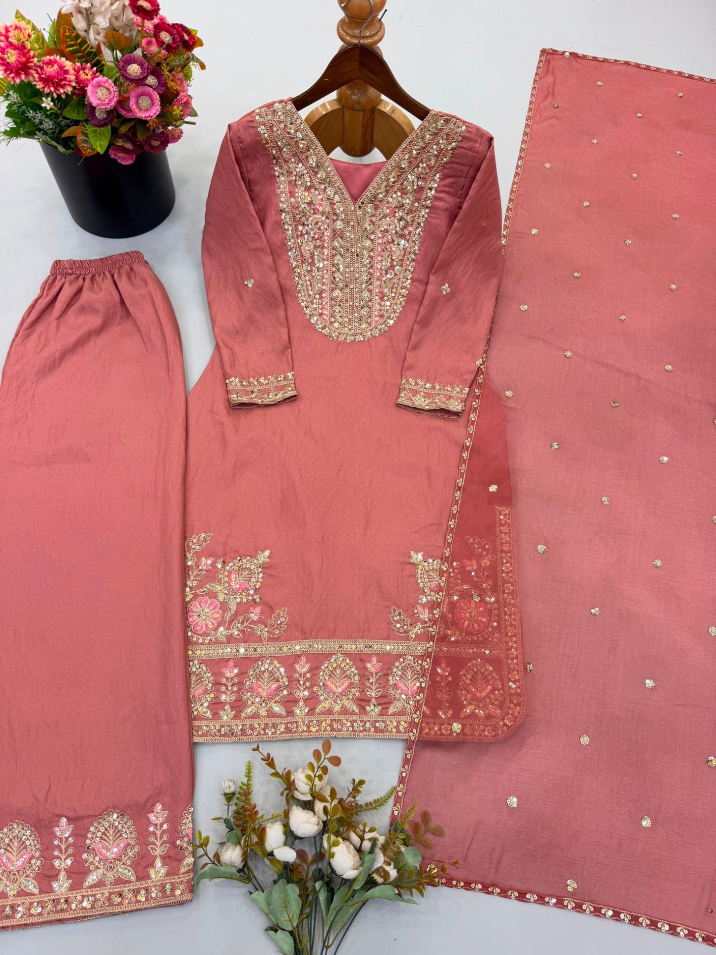 Complete Ronald Silk embroidered top palazzo dupatta set