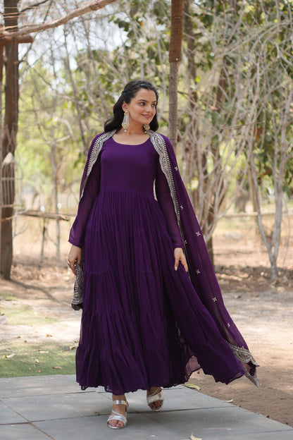 Rich Purple Fully Flared Gown with Designer Embroidered Dupatta - Inayakhan Shop 