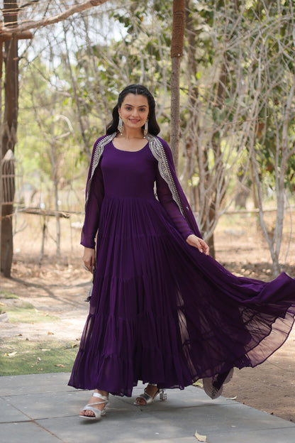 Rich Purple Fully Flared Gown with Designer Embroidered Dupatta - Inayakhan Shop 