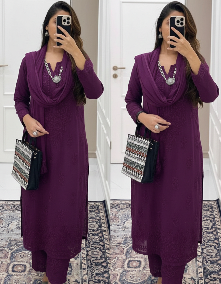 Rich Purple Ethereal Dyeable Modal Chikankari Kurta Set (New)