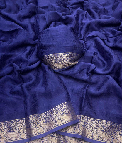 Royal blue Viscose Chinon saree with Dola Banarasi silk blouse fabric