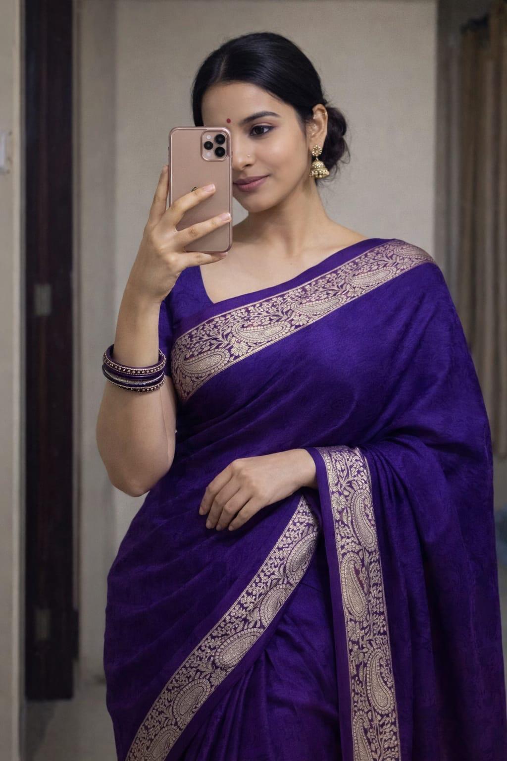 Royal blue Viscose Chinon weaving saree with gold Banarasi border