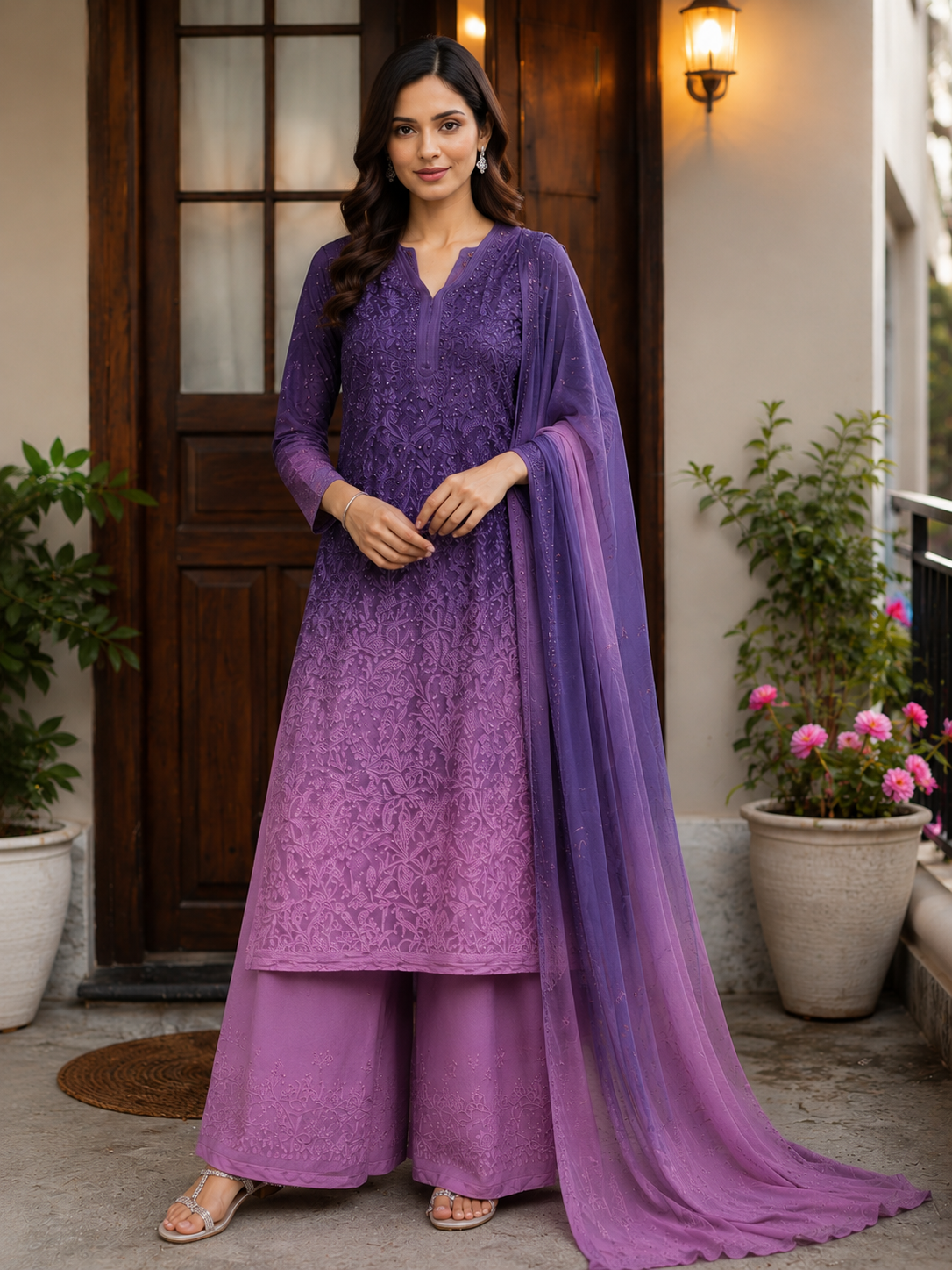 Royal Plum Rose viscose embroidered kurti palazzo dupatta set lifestyle image