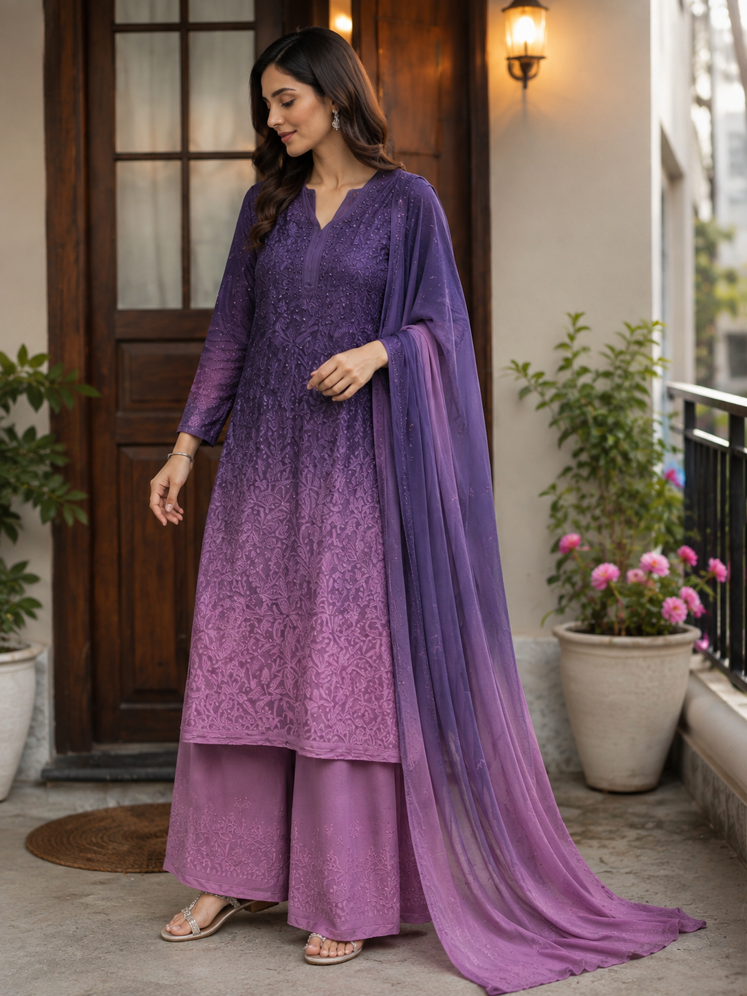 Royal Plum Rose viscose kurti palazzo dupatta set full length model image