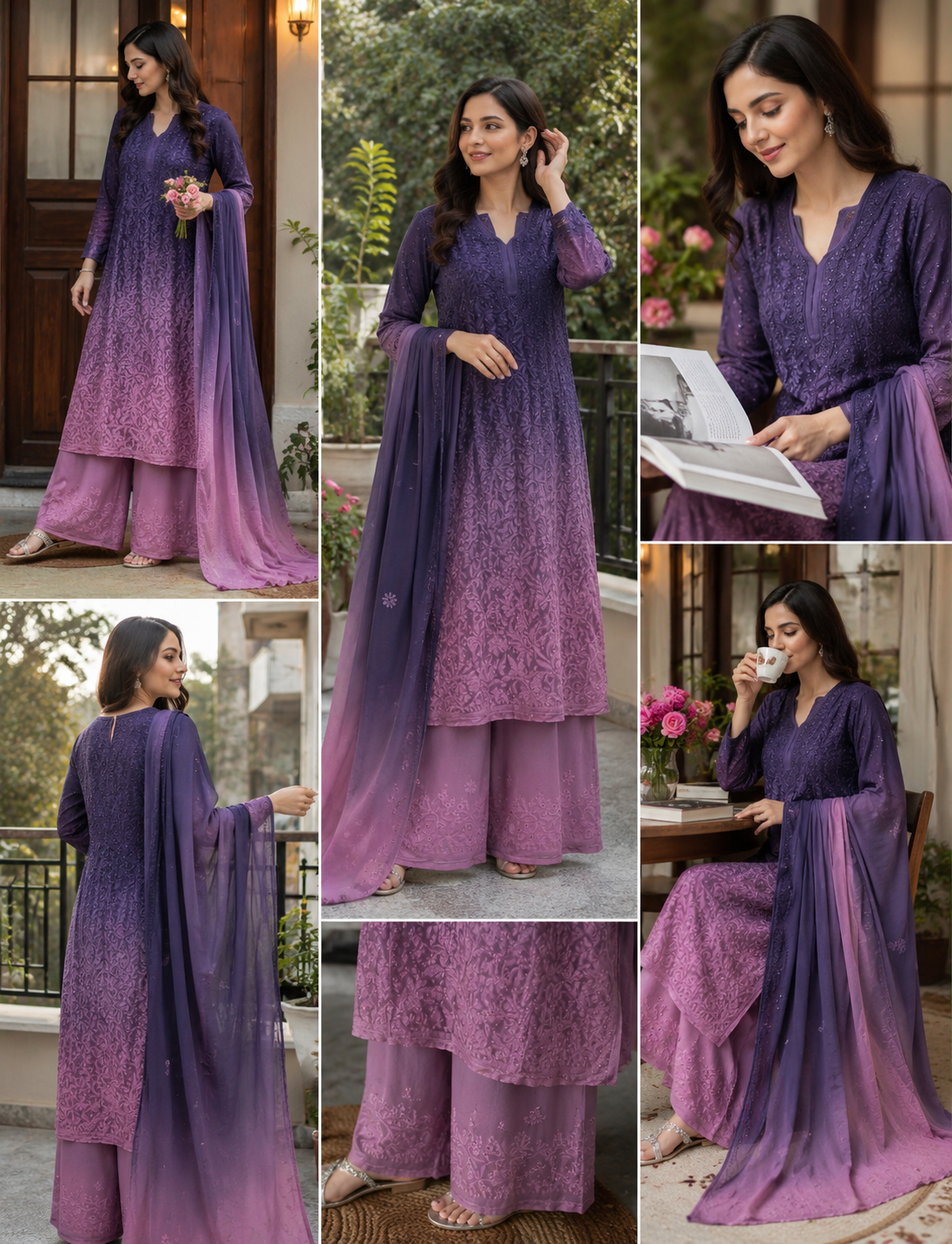 Royal Plum Rose embroidered viscose kurti set lifestyle collage