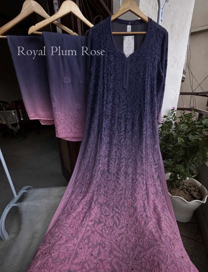 Royal Plum Rose ombre viscose embroidered kurti palazzo dupatta set original product image