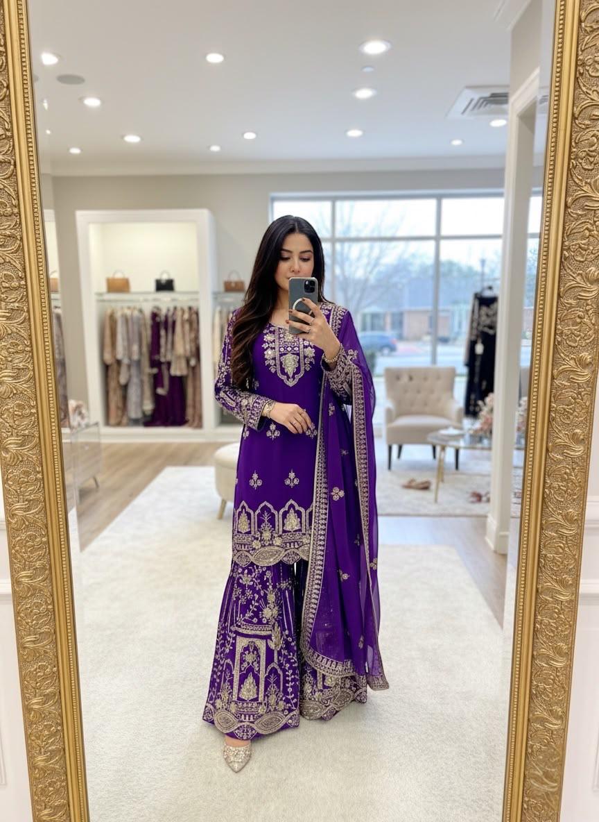 Royal purple embroidered georgette sharara suit with dupatta on model