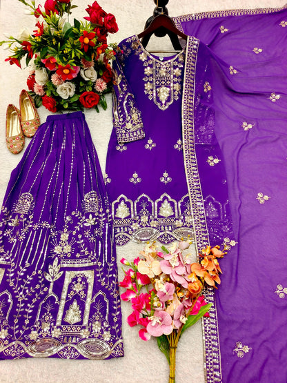Royal purple sequin embroidered top sharara and dupatta set flat lay