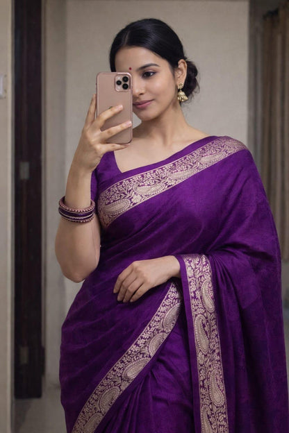 Royal purple Viscose Chinon woven saree with gold Banarasi border – model view
