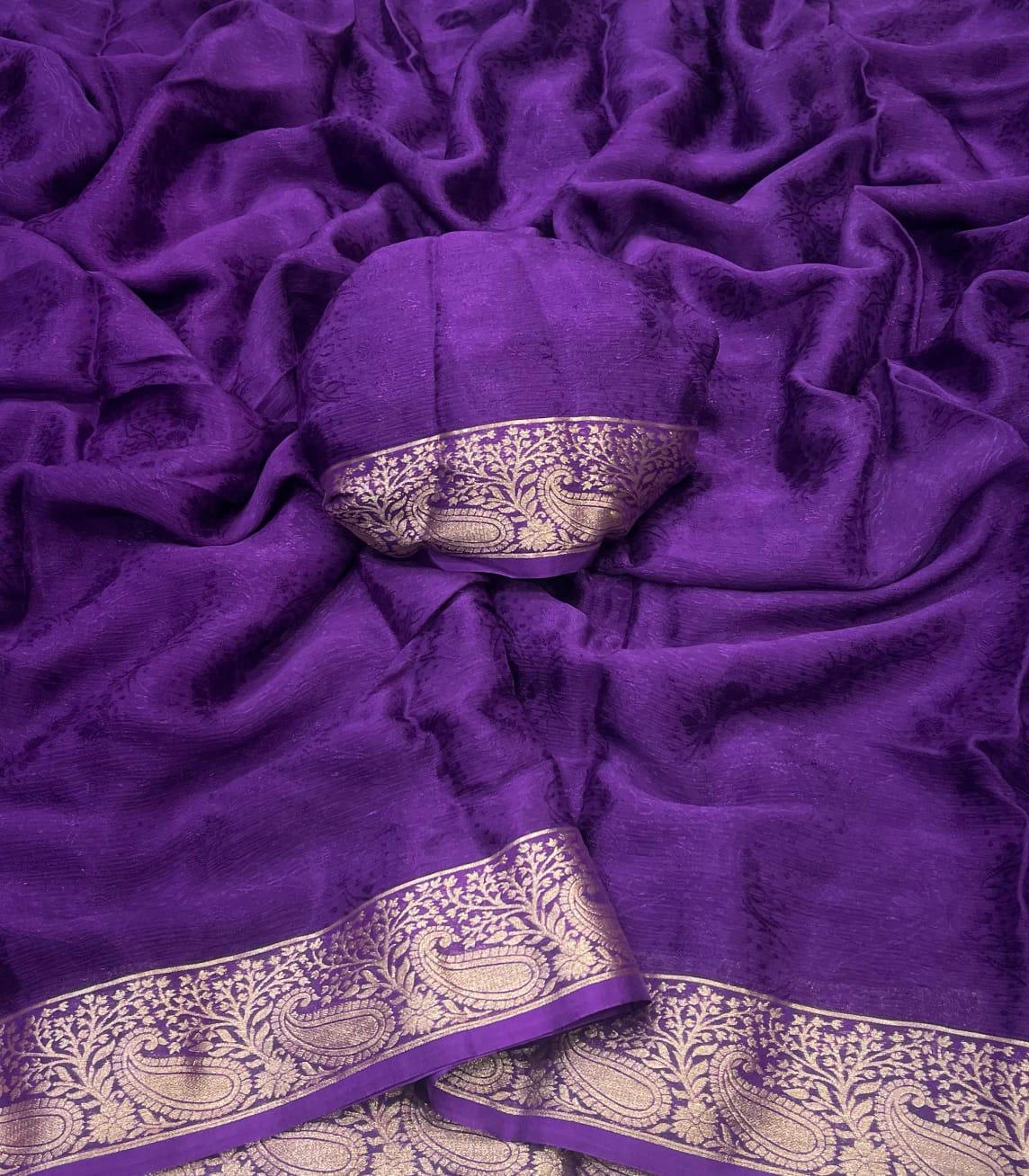 Royal purple Viscose Chinon saree with gold Banarasi woven border and blouse