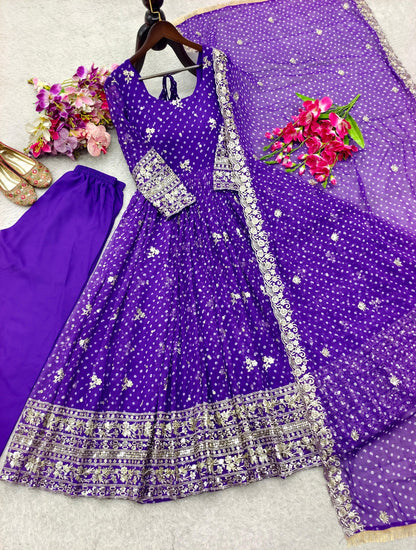 Royal violet Bandhani Anarkali festive wear look