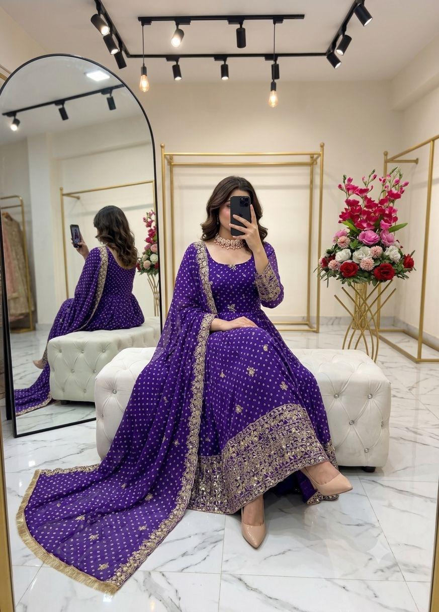 Royal violet embroidered Bandhani Anarkali gown side view