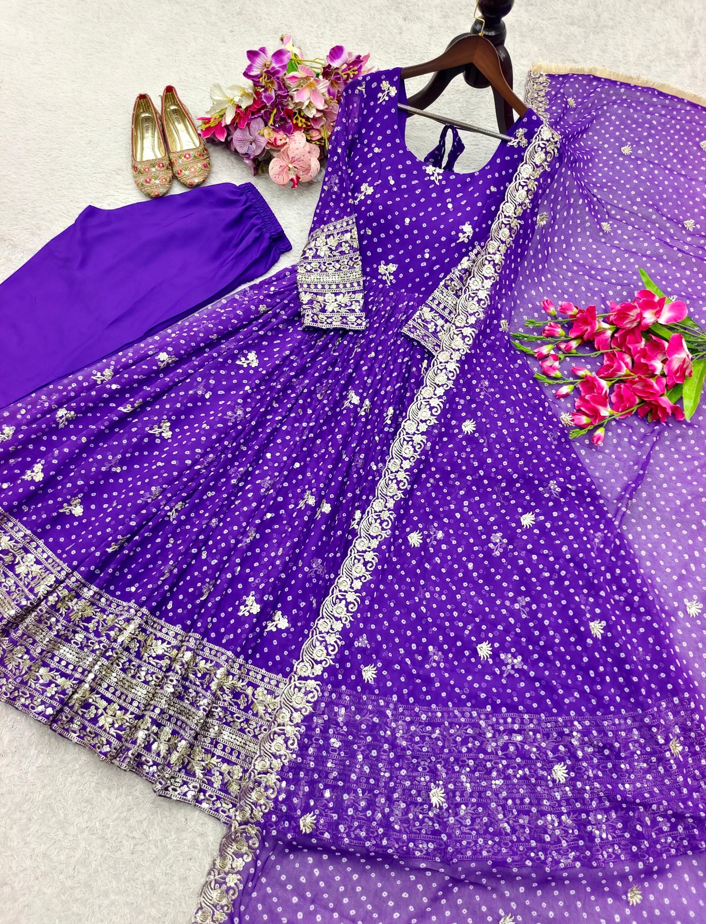 Royal violet Bandhani dupatta embroidered border detail