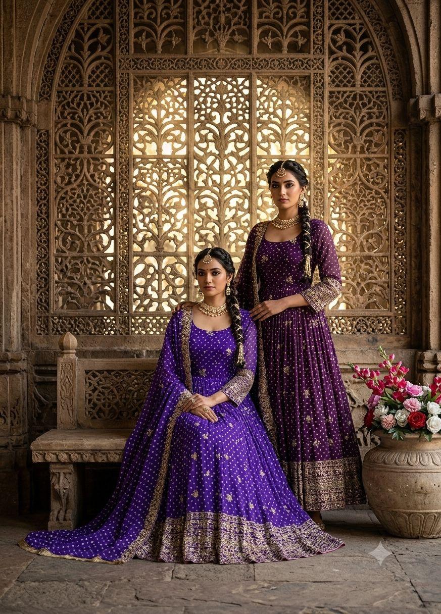 Royal violet purple Bandhani Anarkali gown back view