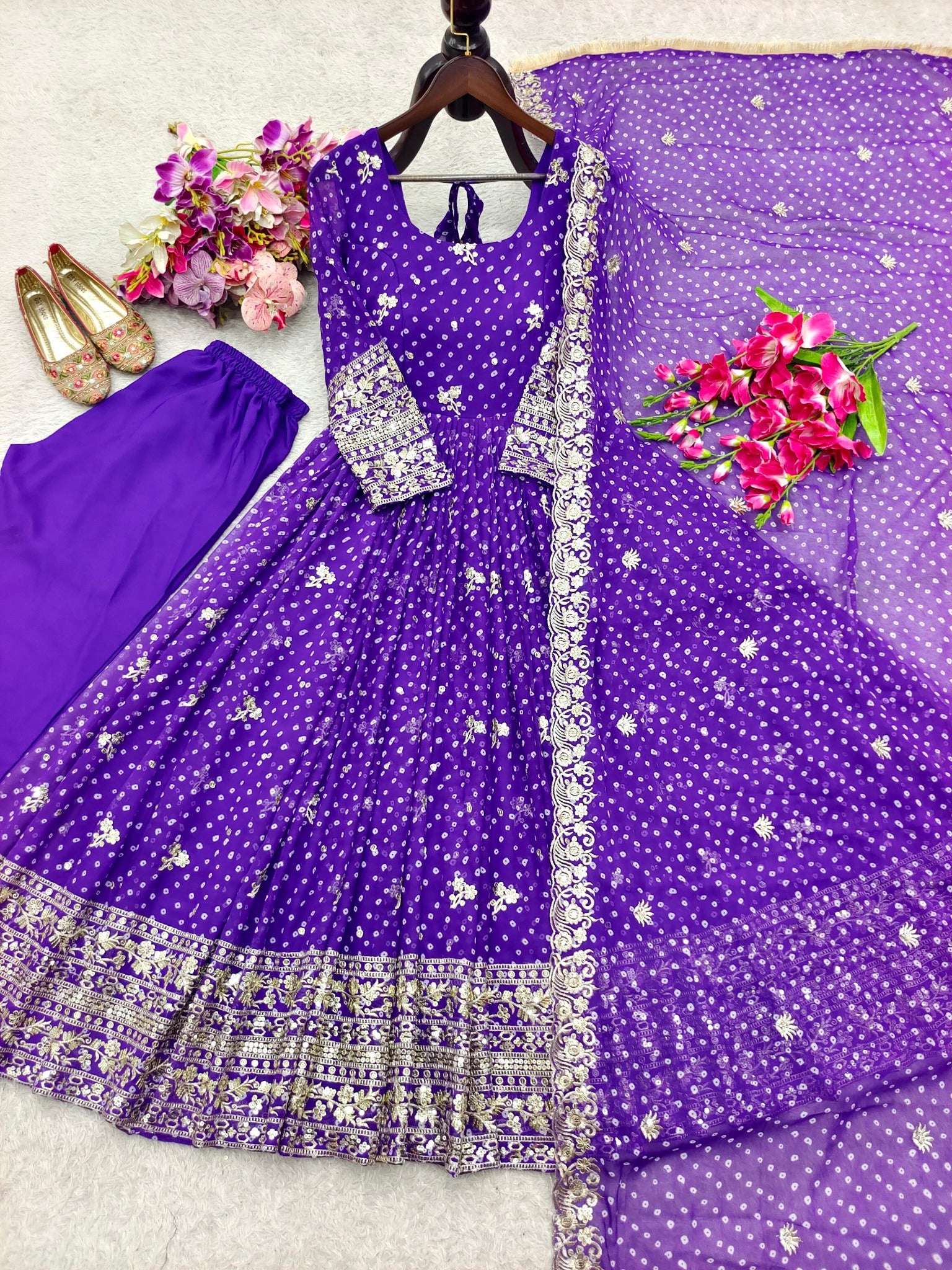 Royal violet Bandhani gown 5mm sequin embroidery detail