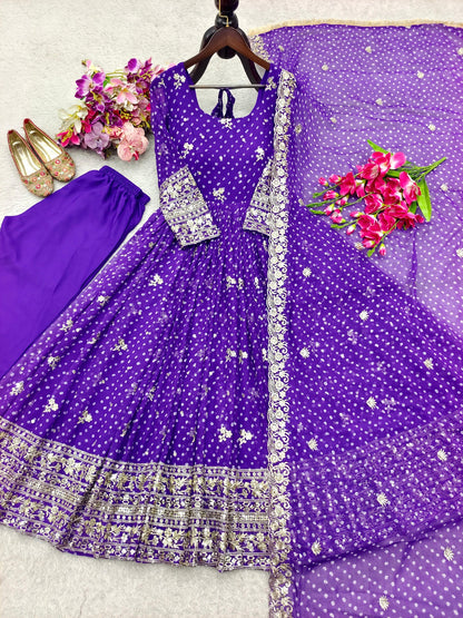 Royal violet Bandhani gown 5mm sequin embroidery detail