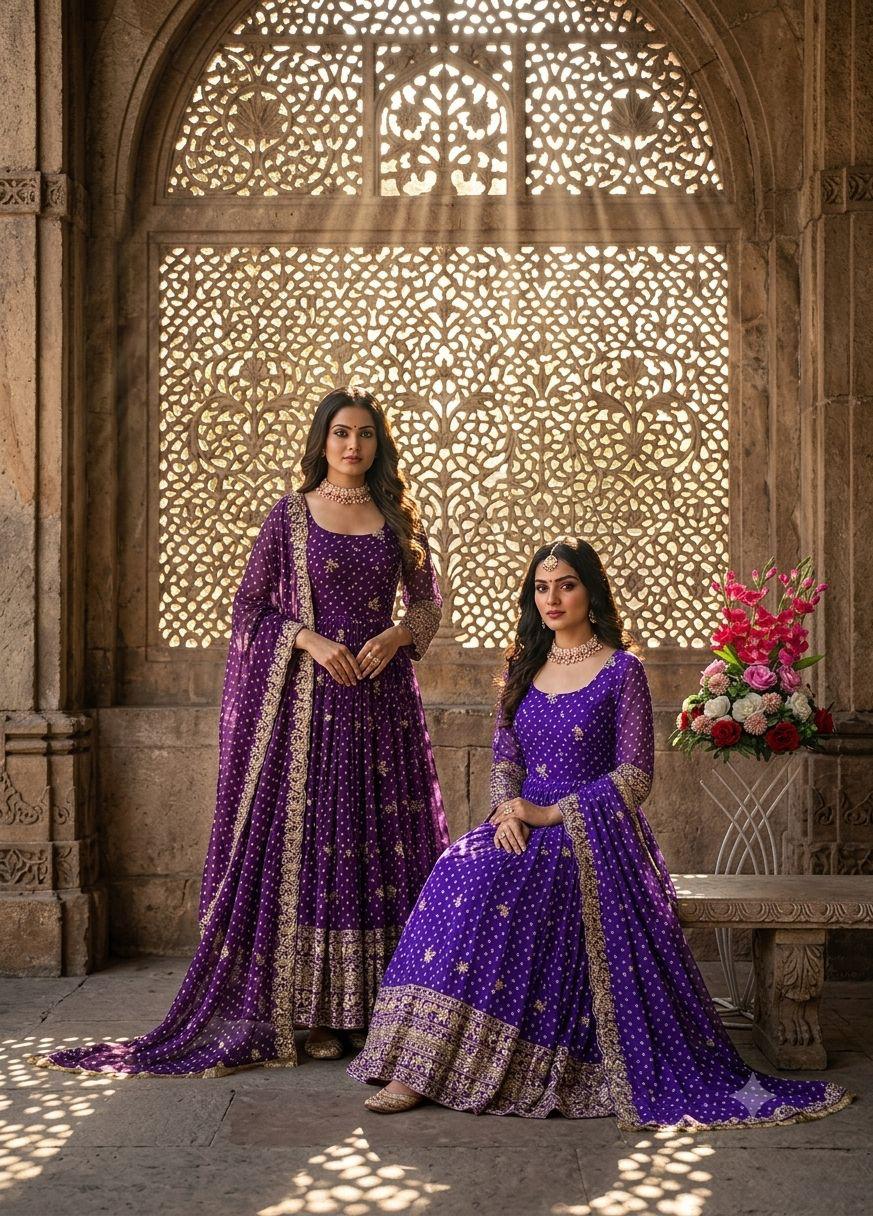 Royal violet purple Bandhani gown pant and dupatta full look